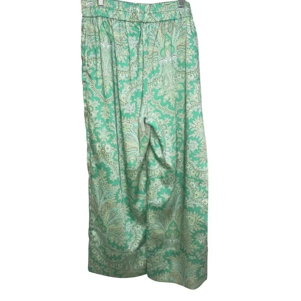 J Crew Collection Pants Womens 8 Green Paisley Satin Wide Leg Cropped AV440